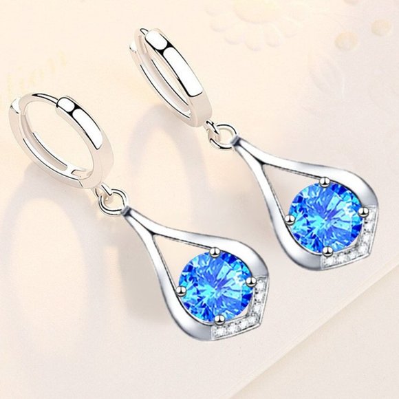 Jewelry - 925 Sterling Silver Water Drop Blue Crystal Zircon Earrings for Woman, J767